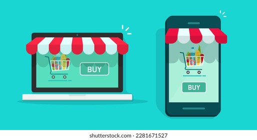 Shop vector online ecommerce on laptop computer or digital electronic internet store on mobile app cell phone smartphone graphic illustration, e-commerce virtual storefront order cart icon image