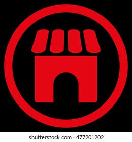 Shop vector rounded icon. Image style is a flat icon symbol inside a circle, red color, black background.