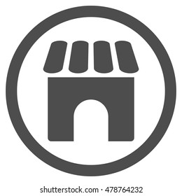Shop vector rounded icon. Image style is a flat icon symbol inside a circle, gray color, white background.