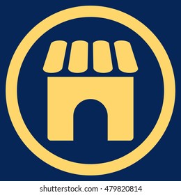 Shop vector rounded icon. Image style is a flat icon symbol inside a circle, yellow color, blue background.
