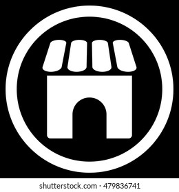 Shop vector rounded icon. Image style is a flat icon symbol inside a circle, white color, black background.