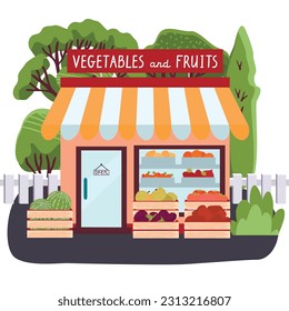 Shop of vegetables and fruits in color.A showcase with farm products in boxes.The facade of the building.Background of trees and a fence.Canopy and sign.Vector flat illustration isolated on a white.