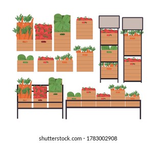 tienda de verduras estantes y cajas diseño de la compra al por menor y tema de mercado Ilustración vectorial