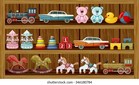 Shop of vintage toys. Vector illustration