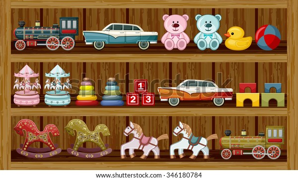 Shop of vintage\
toys. Vector illustration