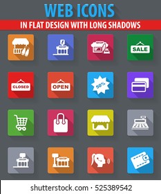 Shop web icons in flat design with long shadows