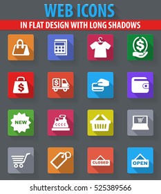 Shop web icons in flat design with long shadows