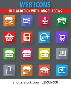 Shop web icons in flat design with long shadows