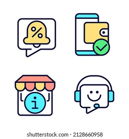 Shop website interface pixel perfect RGB color icons set. Discounts notification. Electronic wallet. Isolated vector illustrations. Simple filled line drawings collection. Editable stroke