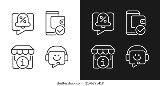 Shop website interface pixel perfect linear icons set for dark, light mode. Discounts notification. Electronic wallet. Thin line symbols for night, day theme. Isolated illustrations. Editable stroke