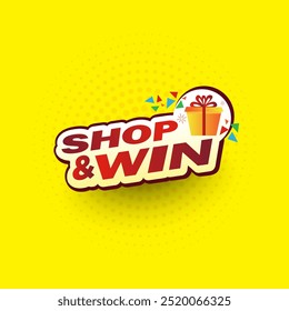 Shop and Win, Contest Logo Label Design Illustration Vector. Advertising, Marketing, Sale, Promo