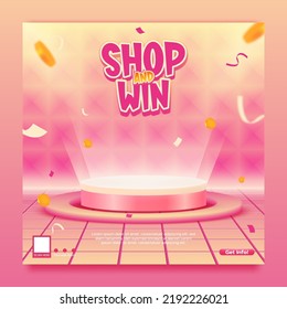 Shop and win invitation contest social media banner template with flying gold coins and lights podium on abstract background