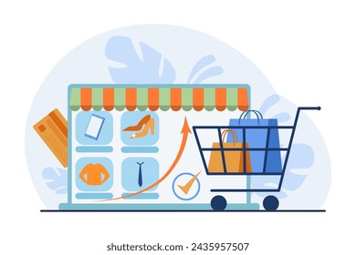 Shop window, cart with  shopping bags, credit card vector illustration. E-commerce boom, online shopping concept