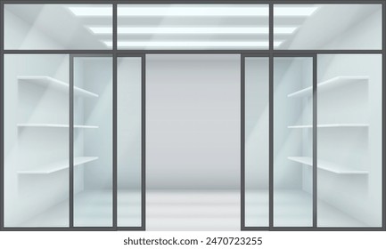 Shop window case with open glass door realistic 3d illustration. Commercial office design. Store front view exterior color vector background