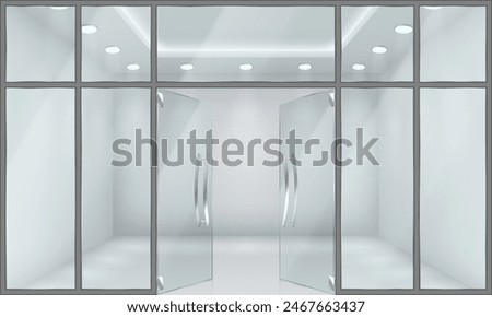Shop window case with open glass door realistic 3d illustration. Commercial office design. Store front view exterior color vector background