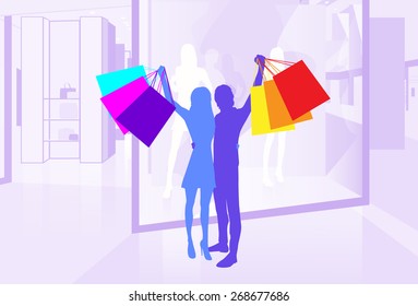 Shop Window Couple Silhouette Hold Shopping Bags in Mall Center Vector Illustration