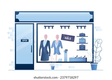 Shop window with goods behind glass. Entrance to store, door with sign. Signboard with place for text, template. Storefront. Clothing and accessories boutique. Trendy style vector illustration