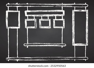 Schaufenster im Inneren des Restaurants, Café. Bar. Regale für Geschirr, Gläser, Flaschen. Karten für Menüs, Werbung und Preise. Handzeichnung Skizze auf Kreidetafelhintergrund. Vektorgrafik