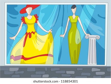 Shop Window with Mannequin. Vector Cartoon Background.