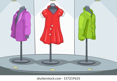 Shop Window with Mannequin. Vector Cartoon Background.