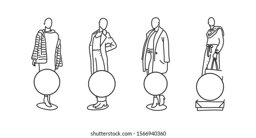 Shop Window With Mannequins Women's Clothing. Fashion Clothes And Shoes Are Worn On Mannequins. Round Stickers Are Glued On Transparent Display Case. Vector Illustration On White Background.