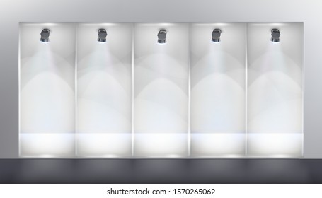 Shop window. Place for the exhibition. Illuminated shelves in the showroom. White background. Vector illustration.