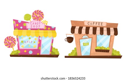 Ver la ventana o guardar el frontal con el conjunto de vectores de señalización del café y la tienda de golosinas