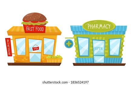 Shop-Fenster oder Store-Front mit schnellem Food- und Pharmazie-Zeichen-Vektorset
