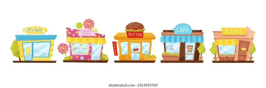 Shop Window or Store Front Selling Pet, Candy, Fast Food and Books Vector Set