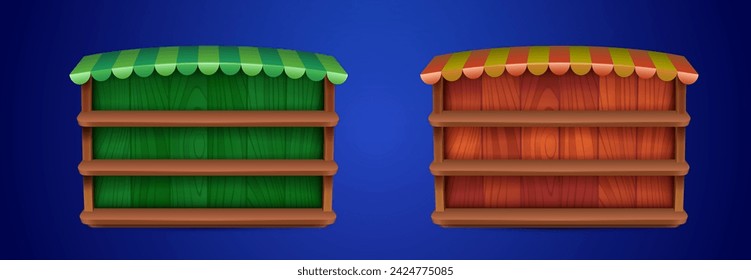 Plantilla de ventana de tienda para el diseño de la interfaz de juego. Conjunto de ilustración vectorial de dibujos animados de gabinete de madera rojo y verde vacío con estantes y dosel para el menú de gui móvil. Interfaz de tienda en blanco con textura de madera.