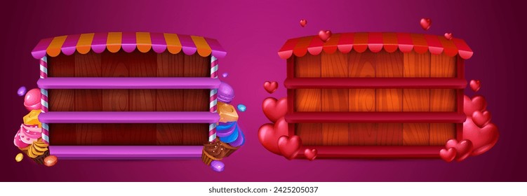 Shop window template with sweet desserts and red romantic hearts for game ui design. Cartoon vector illustration set of empty store wooden cabinet with shelves and canopy for mobile gui menu.