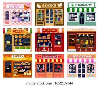 Shop window vector showwindow of book store or candyshop and window-case of pizzeria illustration set of butcher shop or bakery and burger or ice cream frontstore showcase isolated on white background