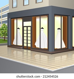 shop window with wedding dresses on the street background