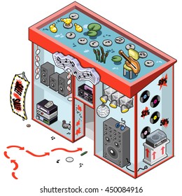 Shop windows of a music store showing stereo system, loudspeaker, records and record player, roof-top pond with electric guitar and singing ducks (isometric illustration)