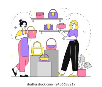 Shop women handbags doodle. Two girls near pink and yellow bags. Personal trendy accessories. Beauty, aesthetics and elegance. Simple flat vector illustration isolated on white background