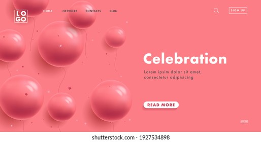 Shop for women landing page template, celebration home screen banner with pink round balloons on pink backdrop monochrome with interface elements and call to action button