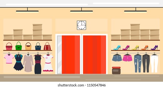 Shop women's clothing. The interior of a women's clothing store. Flat design, vector illustration, vector.