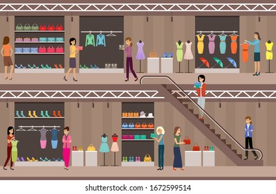 Shop women's clothing and shoes. Shopping center. Supermarket. Vector flat illustration.