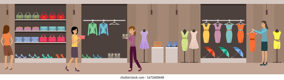 Shop women's clothing and shoes. Shopping center. Supermarket. Vector flat illustration.