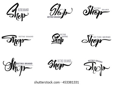 Shop word for signage, stickers, badges, has written calligraphic tools and modified to simple forms
