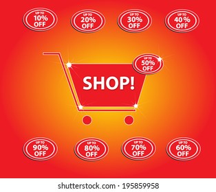 SHOP! wording on shopping cart with discount percentage tag / discount percentage label in pop art style on red background