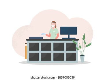Shop worker in mask flat concept vector illustration. Store with healthcare regulation. Corona virus epidemic. Saleswoman 2D cartoon character for web design. Lockdown measures creative idea