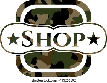 Shop written on a camouflage texture
