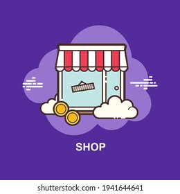 Shop with yellow coins dollar on purple background flat concept design