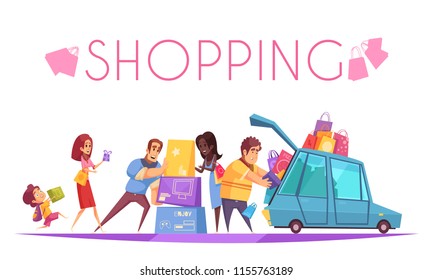 Shopaholic background with text and view of cartoon people characters putting colourful boxes into the car vector illustration