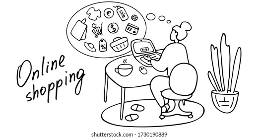 Shopaholic buys online from home. Girl chooses products on site. Onlone shopping concept. Doodle vector graphic