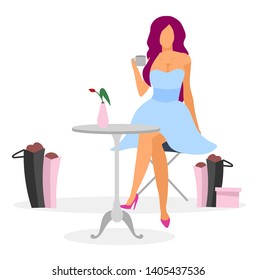 Shopaholic in cafe flat vector illustration. Elegant lady drinking coffee, happy with new purchases. Cartoon stylish fashionista relaxing after visiting boutique. Female buyer after shopping rush