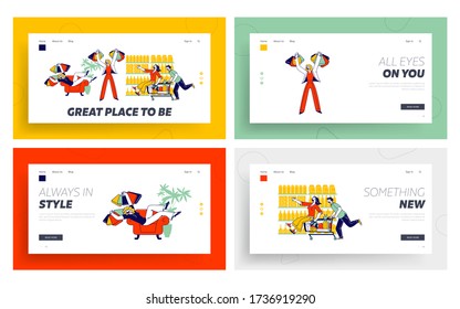 Shopaholic Characters Landing Page Template Set. Cheerful Woman Hold Shopping Bags with Purchases. Couple Fool in Supermarket Riding Trolley. Man Push Cart with Girl. Linear People Vector Illustration