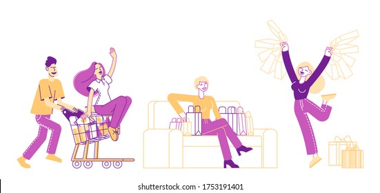 Shopaholic Characters Spare Time. Couple Fool in Supermarket Riding Trolley. Cheerful Woman Hold Shopping Bags with Purchases. Happy Man Push Shopping Cart with Girl. Linear People Vector Illustration - Shutterstock ID 1753191401