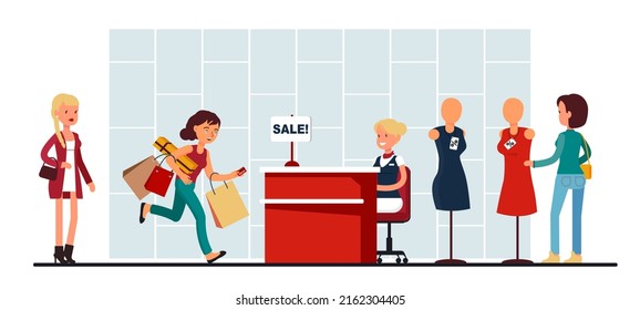 Shopaholic consumer running to fashion shop vector. Woman with shopping bag rushing for sale discount. Retail shopper spender and overconsumption